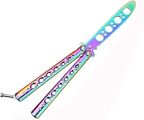 Titanium Butterfly Knife Trainer - Unsharpened Bailisong for Martial Arts Training and Flipping Tricks - Rainbow Folding Design
