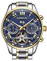 LOREO Men's Automatic tourbillon Multifunction Sapphire Gold Stainless Steel Waterproof Blue Dial Watch (Blue dial with Stainless Steel Band)