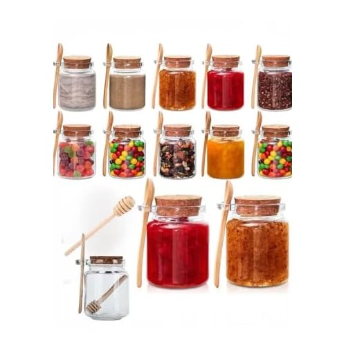 Cam Kavanoz Seti, 350 ml, Mantar Kapaklı, Ahşap Bal Kaşığı ile, Mutfak Saklama Kabı (2)