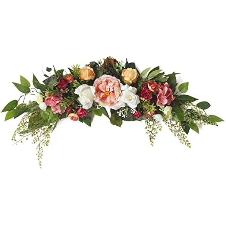 29.5Inch Artificial Peony Floral Swag,Simulation Mixed Flower Lintel Wall Hanging Faux Floral Swag Wreath with Green Leaves Silk Cloth Wedding Arch Garland for Front Door Office Table Decor