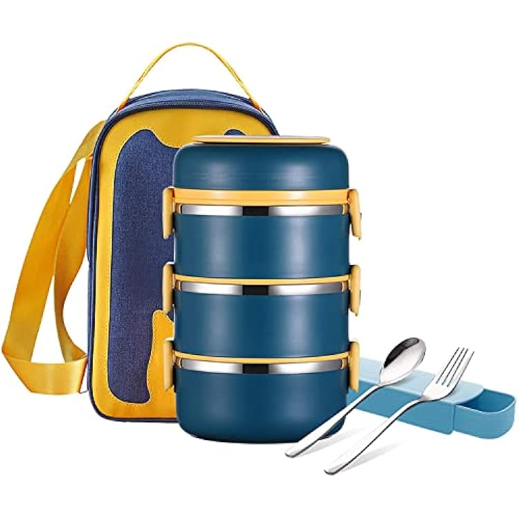 GTGR Stackable Bento Box Adult Lunch Box Set with Utensils and Bag Stackable Stainless Steel Thermal Leakproof Cylinder All-in-one Bento Lunch Container with Compartments for Adults 4-Layer, Blue