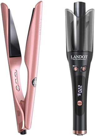 LANDOT Automatic Rotating Curling Iron 1-Inch (8 Temp Settings, Anti-Scald) + Hair Straightener and Curler 2 in 1 Twist Ceramic Flat Curling Iron (12