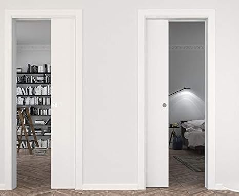 SARTODOORS Sliding Pocket Door 36 x 80 inches | Planum 0010 White Silk | Pocket Frame Trims Pulls Track Hardware Set | Solid Wood Interior Modern Slide Bedroom Closet Door