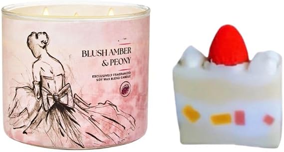 Blush Amber & Peonny - White Barn-Bath/Body Work- 3-Wick Scented Candle 14.5 OZ Burns 25-45 Hours and Strawberry Cake soap (Label Artwork Varies)