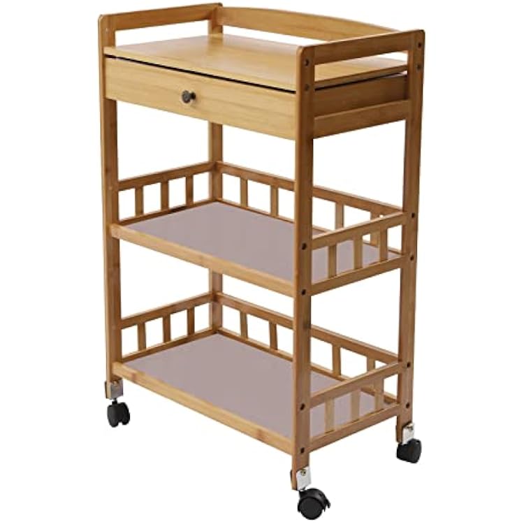 Portable Kitchen Island on Wheels, 3-Tier Bamboo Rolling Kitchen Utility Cart with Drawer, Microwave Cart, Food Serving Cart, Coffee Station