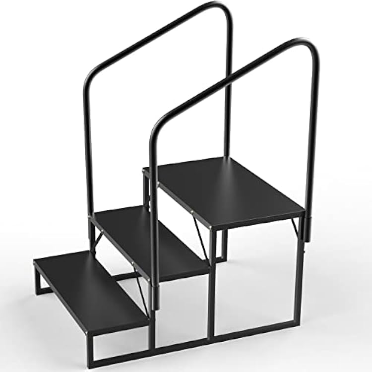 Updated RV Steps with handrail, Mobile Home Stairs Steps Outdoor, Hot tub Steps with handrail. Portable Stairs for 5th Wheel rv, Travel Trailer, Motor Home, Camper and Porch with Non-Skid mats.