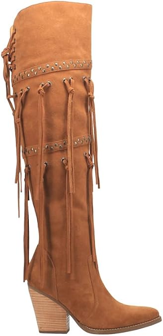 Dingo Womens Witchy Woman Fringe Studded Pointed Toe Pull On Casual Boots Over the Knee High Heel 3" & Up