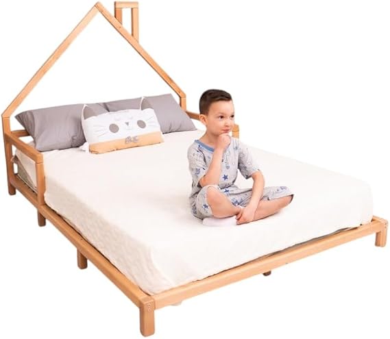 BUSY WOOD Montessori Bed for Toddlers - Twin Bed for Toddlers - Full Bed Floor - Bed with Rails - Montessori Bed - House Bed Frame - Montessori Full Size Bed Frame - Toddler Bed Queen (Model 3)