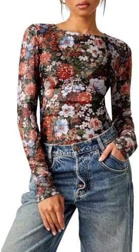 YOINS Women Mesh Long Sleeve Top Sexy Sheer See Through Boat Neck Shirts with Thumb Holes