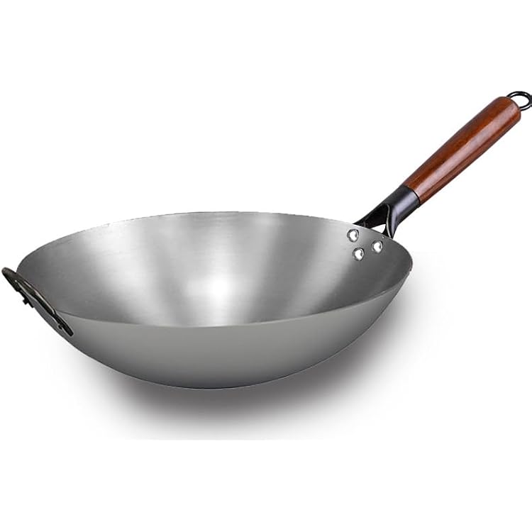 Carbon Steel Wok Pan, Carbon Steel Stir Fry Pans, Carbon Steel Skillet, Carbon Steel Pow Wok with Wooden Helper Handle Wok with Handle, 13 Inch, Silver
