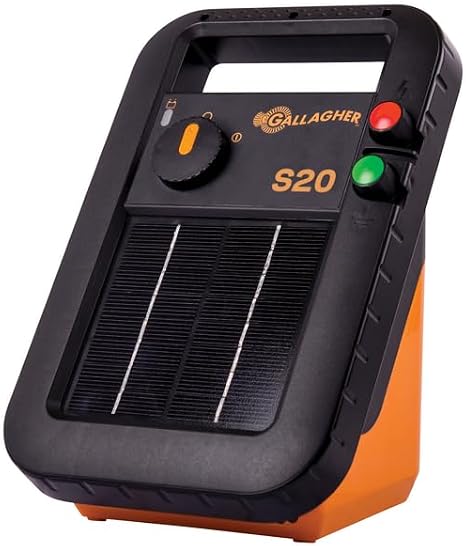Gallagher S20 Solar Fence Charger | 0.2 Joules for Livestock & Predator Control | Powers Up to 5 Miles Clean or 1 Mile Typical | Portable Solar Energizer with Built-In Battery