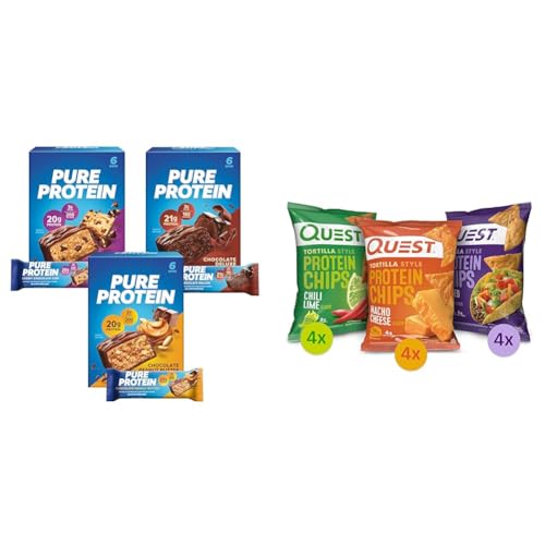 Pure Protein Bars, High Protein, Nutritious Snacks to Support Energy, Low Sugar, Gluten Free & Quest Nutrition Tortilla Style Protein Chips Variety Pack, Chili Lime, Nacho Cheese, Loaded Taco