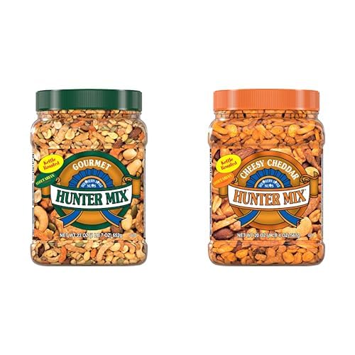 Southern Style Nuts Gourmet Hunter Mix, 23 Oz, Sesame Sticks, Peanuts, Sunflower Kernels & Almonds  Southern Style Nuts Cheesy Cheddar Hunter Mix, 20 Oz, Peanuts, Sesame Sticks, Corn Sticks, Almonds