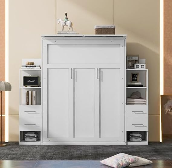 Queen Size Murphy Bed Wall Bed with Shelves, Drawers and Led Lights, Easy Fold Wood Wall Bed, Space-Saving Murphy Bed Cabinet for Guest Room Home Office (White/Queen Size-008)