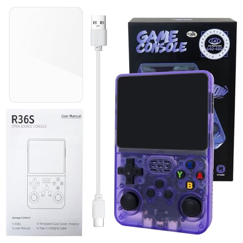 Premium R36S Retro Handheld Video Game Console Linux System 3.5 Inch IPS Screen Portable Pocket Video Player Built-in 15000 Games Purple 128G