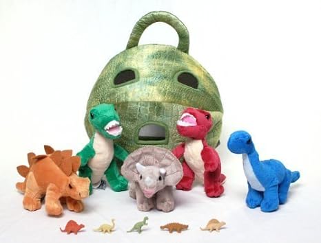 Unipak 12" Plush Dinosaur House with 5 Stuffed Animal Dinosaur in Play Dinosaur Carrying Case (2 T-Rex, 1 Triceratops, 1 Stegosaurus, 1 Brachiosaurus) + Bonus Five Mini Dinosaur Figures