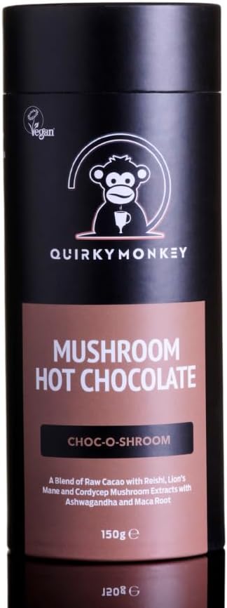 Quirky Monkey - 'Choc-O-Shroom' - Mushroom Hot Chocolate - Reishi, Cordyceps, Lion’s Mane Fusion - with Raw Cacao, Ashwagandha, Maca, MCT Oil, Cinnamon, Rose Hip - Vegan & Gluten Free, 150g Tube