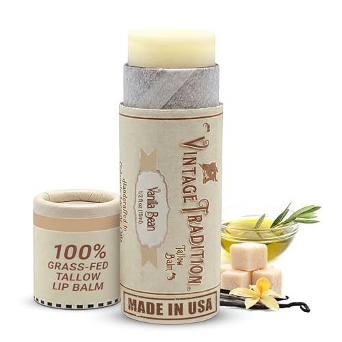 Vintage Tradition Moisturizing Beef Tallow Lip Balm Tube Lip Moisturizer with Vanilla Extract Hydrates & Soothes Dry Lips Grass-Fed Tallow Balm for Skin Care, 0.5 Fl. Oz.