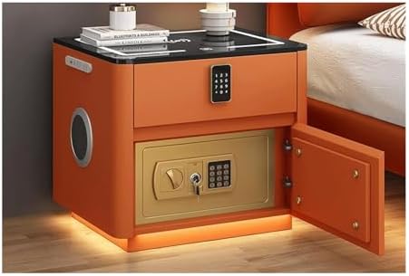 Smart Bedside Table with Charging Station, USB/Type-C Ports, LED Nightstand, Hidden Safe, Drawer Lock, Speaker Light for Bedroom