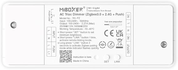 MiBOXER TRI-PZ 500W AC Triac Dimmer Zigbee 3.0+2.4GHz+Push, High-Power Smart LED Dimmer, Works with Zigbee 3.0 Hubs, 100-240V