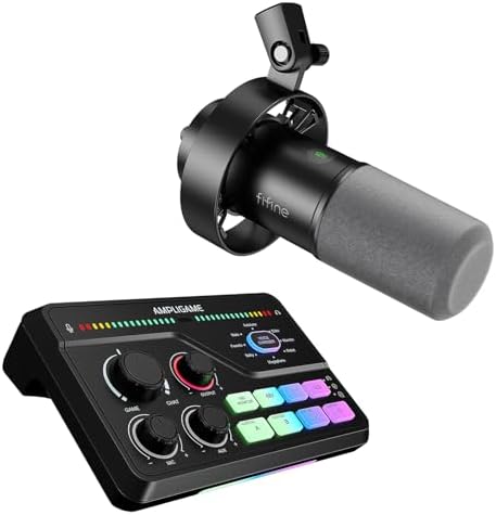 FIFINE XLR/USB Podcast Microphone with Audio Mixer Set, Studio Recording PC Mic with XLR Mixer Bundle, 7.1 Surround Sound, Headphone Monitoring, Voice Changer for Gaming (K688+SC8)