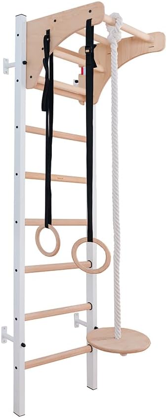 BenchK 211WA204 Wallbars, Stall Bars, Swedish Ladder, Gymnastic Ladder with 8 Beech Oval Rungs, Adjustable Beech Wooden Pull Up Bar and Gymnastic Accessories Such as Wooden Rings