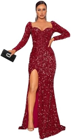 Sparkly Mermaid Long Prom Dresses 2026 with Slit Sequin Formal Evening Gowns for Women with Train RON112