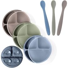 WeeSprout 3 Suction Plates with Lids & 3 Soft-Tip Spoons Bundle - Complete Mealtime Set - Silicone Baby Dinnerware - Divided Toddler Plates - Microwave & Dishwasher Safe