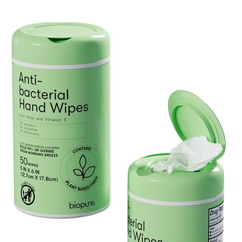 Biopure Antibacterial Hand Wipes Fresh Morning Breeze- Antibacterial Wipes with Aloe and Vitamin E Formula | 5x7 Wet Wipes Canister | No Parabens, Sulfates or Phthalates, Kills 99% of Germs, 50 ct
