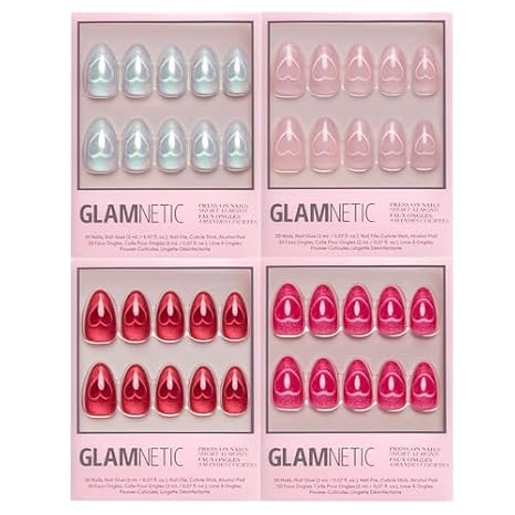 Glamnetic Press-On Nails Bundle - Cupid's Magnetic Hearts | 4 Short Almond Fake Nails in Velvet & Magnetic Cat-Eye Valentine Styles | Durable, Salon-Quality Nail Kits