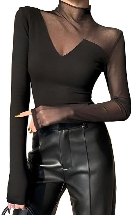 UOOZEE Women's Sexy Mesh Tops Long Sleeve Slim Fit See Through T Shirts for Casual Club Party