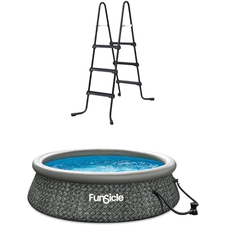 Funsicle 36 Inch SureStep 3-Stair Swimming Pool Ladder with 10 x 30 Quickset Inflatable Ring Top Outdoor Above Ground Pool and Pump
