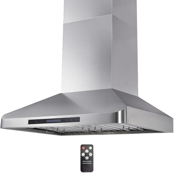 VESTA London 900CFM 36'' Wall Mounted Premium Stainless Steel Range Hood Turbo Motor, 4 Speeds Touch Screen, 6'' Top Round Vent, Dishwashable Baffle Filters, Adjustable Chimney, And Remote Control