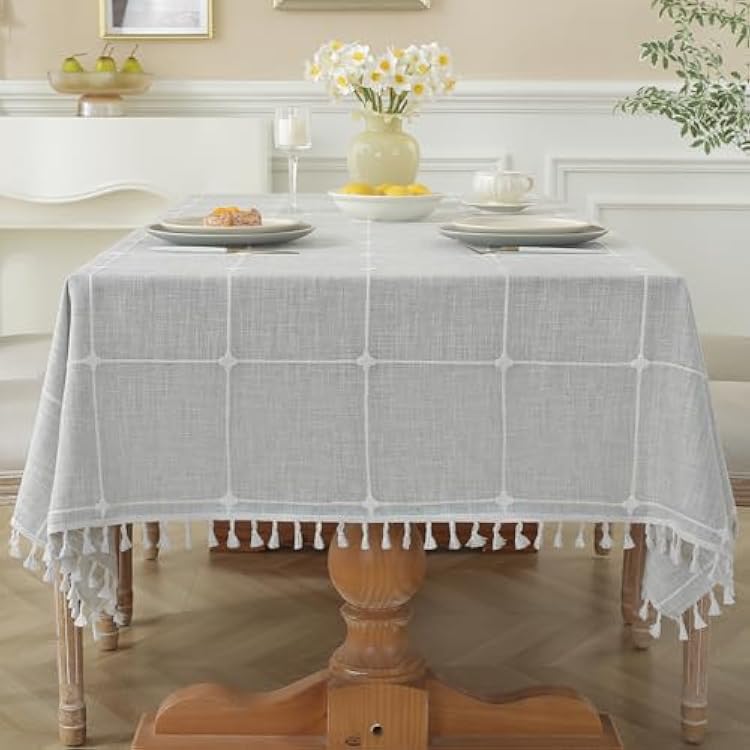 Laolitou Grey Plaid Tablecloth Rustic Burlap Linen Fabric,Washable Outdoor Table Covers with Tassel,Waterproof Table Cover for Kitchen Dining,Party,Holiday,Christmas,10-12 Seats