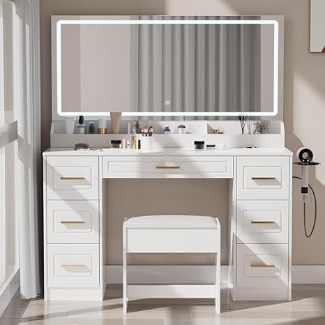 Vanity Desk with Mirror and LED Lights, 43'' W Makeup Vanity Desk with Power Outlet, 3 Color Modes, 7 Drawers Vanity Table with Chair, Dressing Table for Bedroom, Dressing Room