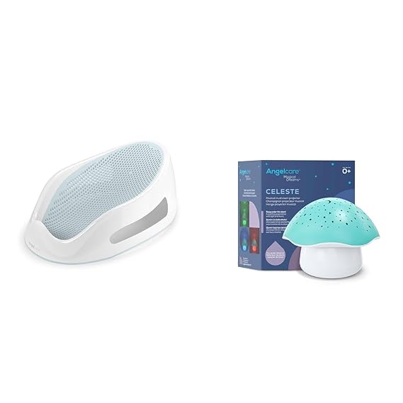 Angelcare Baby Bath Support (Aqua) + Celeste Musical Mushroom Night Light Baby Projector Bundle