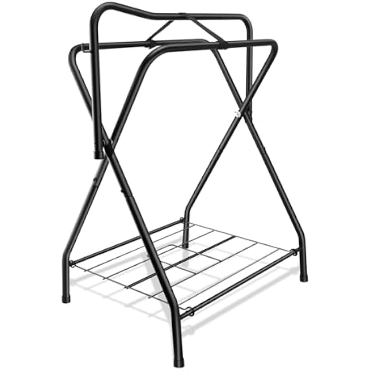 Folding Saddle Rack Heavy Duty Freestanding Horse Saddle Stand Detachable Saddle Rack Stand with Bottom Storage for English & Western Saddles