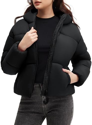 Polu Womens Cropped Puffer Jackets with Removable Hood Lightweight Winter Zip Up Padded Quilted Coat