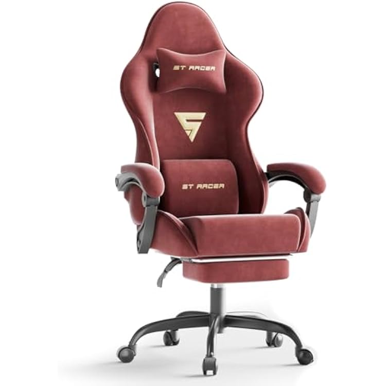 Ferghana Velvet Fabric Ergonomic Gaming Chair with Footrest and Massage, High Back Reclining Computer Gamer Chair for Adult, Racing Style PC Video Game Chair Suitable for Home Office Red