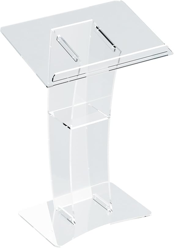Classic Acrylic Clear Podium Stand, Acrylic Clear Podium Plexiglass Pulpit with Storage Shelf Portable Curve Lectern for School Conference Church Weddings (23.62" L X 15.74" W X 45.23" H)