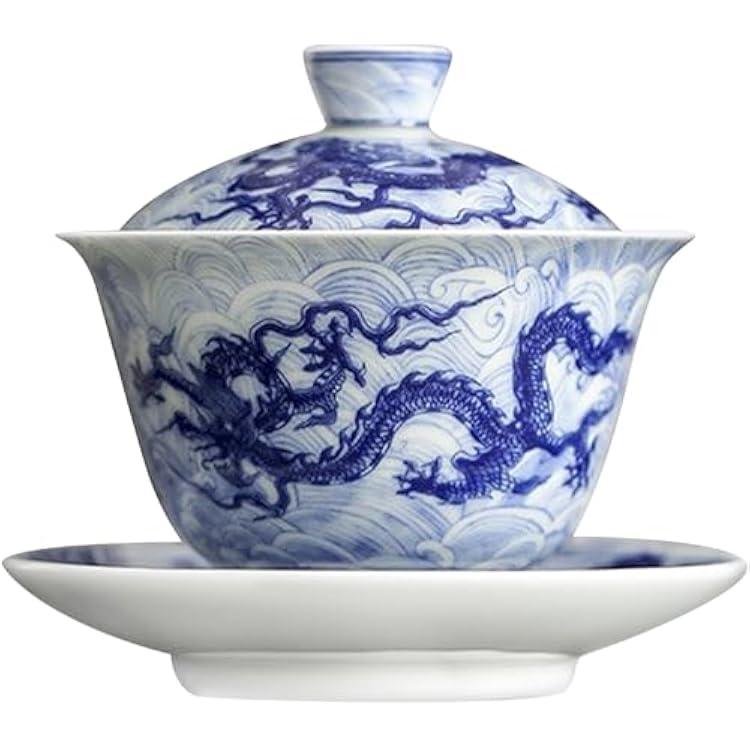 WAYUTO Blue and White Tea Cups and Saucers Sets Kung Fu Asian Tea Cup with Lid 5 oz Ceramic Dragon China Porcelain Tea Cups Handmade Traditional Japanese Chinese Tea Cup Jingdezhen Tea Mugs