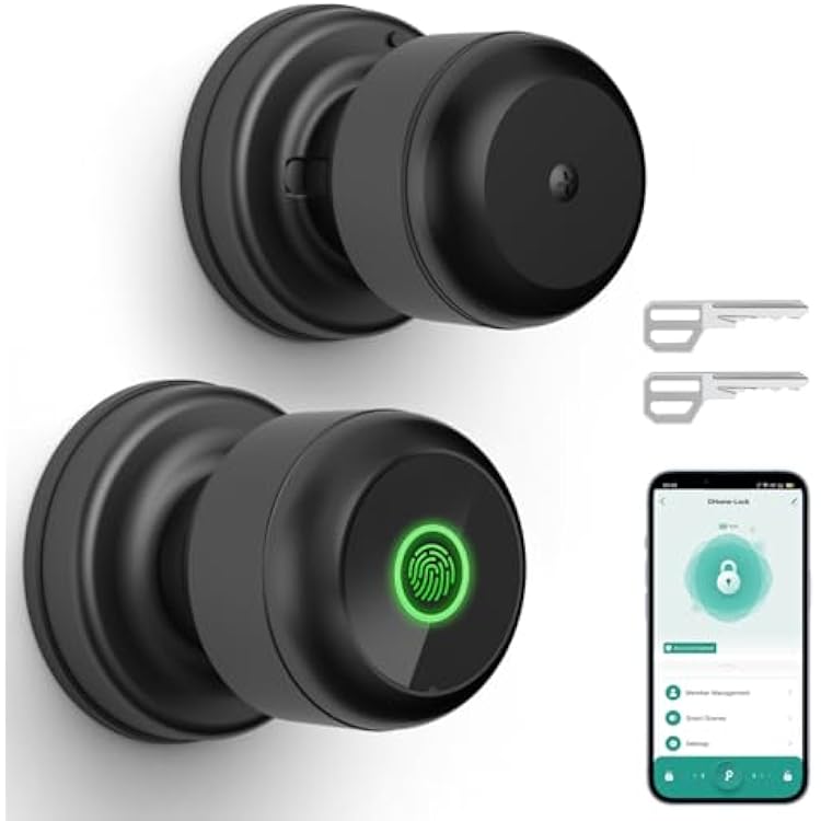 GHome Smart Door Knobs Fingerprint Door Lock, Biometric Smart Lock for Bedroom Door, App Control, Emergency Type-C Charging, Great for Home, Offices, Hotels, Apartments, Garages,Black