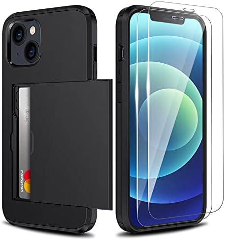 ZUSLAB Wallet Case Compatible with Apple iPhone 13 2021 Phone Case with Card Holder Shockproof Anti Scratch Cover with Tempered Glass Screen Protectors[x2Pack] Black