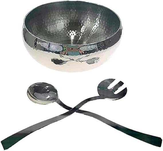 3pc Hammered Salad Bowl with 2 Serving Utensils - Complete With Matching Oversized Spoon and Fork - Use as a Salad Bowl, Fruit Bowl or Even for Pasta - Elegant and Stylish Serving Bowl