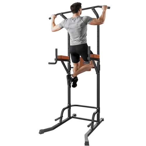 Power Tower Pull Up Station for Home Gym, Dip Station with Splayed H-Shaped Base, 440LBS Capacity, Adjustable Height Workout Station for Pull-ups, Dips & Leg Raises