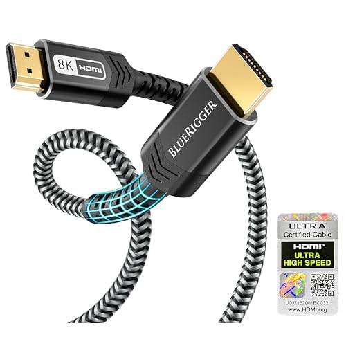 BlueRigger 10K 8K Certified HDMI 2.1 Cable 48Gbps 6FT, 8K 60Hz, 4K 120Hz, eARC, HDR10 VRR HDCP 2.3 Certified Ultra High Speed HDMI Cable Braided Cord - For Gaming PS5 Xbox Series X Roku HDTV Monitor