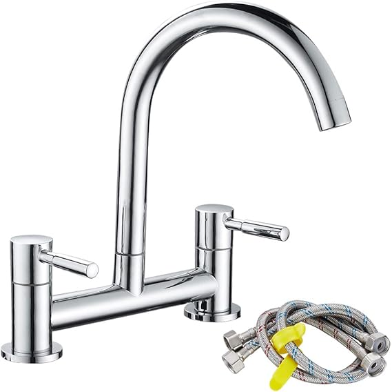 Kitchen Sink Mixer Tap, Dual Lever Bridge Kitchen Sink Tap, Brass, Chrome | 2 Hole 180 mm Centers Deck Mounted, 1/4 Turn, 360° Swivel Spout, Flexible Hoses