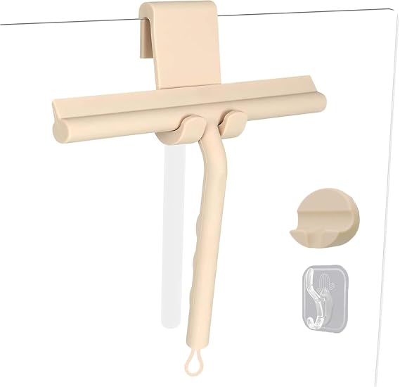 Squeegee for Shower Glass Doors, Resilient Loop - No-Drill & Adhesive Hook, Silicone Shower Squeegee with Stainless Steel Core, Cleaning Tool for Home, Kitchen, Bathroom & Car - Beige