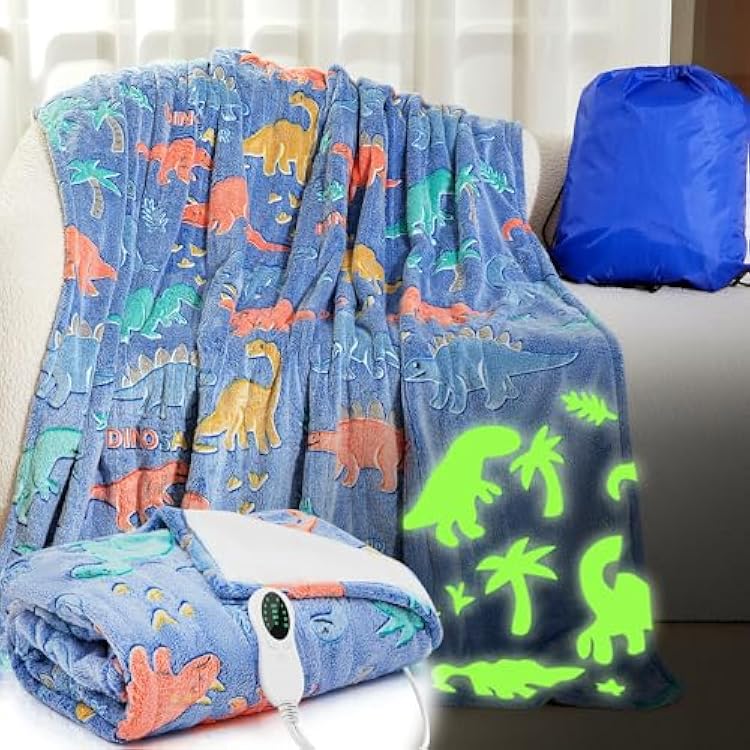 Kids Heated Blanket Dinosaur Electric Glow in The Dark 50x60 Heating Blanket Girls Boys Children Valentines Birthday Gifts with 10 Heating Levels & 8 Hours Auto Off Etl Certified