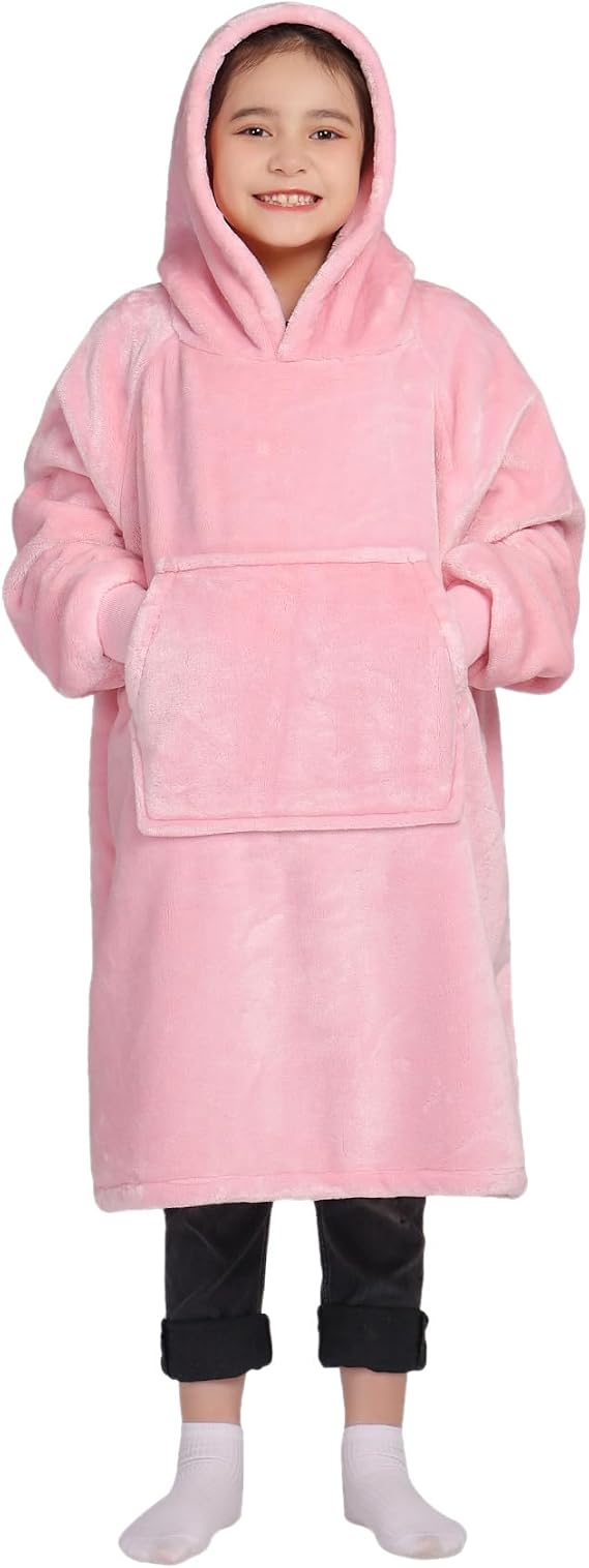Waitu Wearable Blanket for Kids, Wearable Blanket Hoodie Gifts for Teens Girls and Boys, Warm Blanket Sweatshirt for Teenage, Hoodie Blanket with Sleeves - Bright Pink